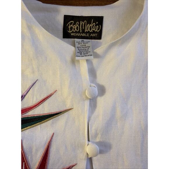 Vintage Bob Mackie Size XL 3/4 Linen Blend White Bird of Paradise Tunic Pockets - Picture 4 of 8